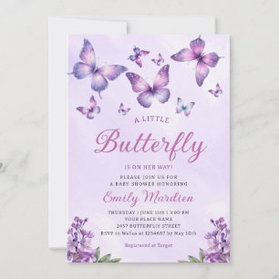 Boho Cute Purple Floral Butterfly Girl Baby Shower Invitation