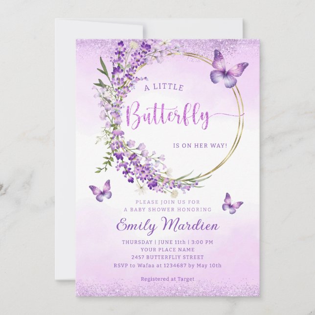 Boho Cute Purple Floral Butterfly Girl Baby Shower Invitation (Front)