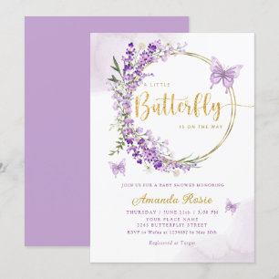 Boho Cute Purple Floral Butterfly Girl Baby Shower Invitation
