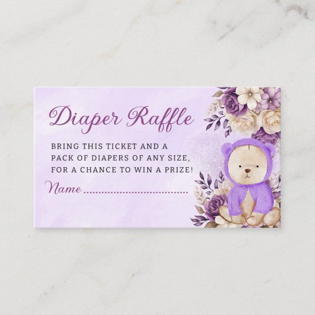 Boho cute purple floral Teddy Bear diaper raffle  Enclosure Card (Front)
