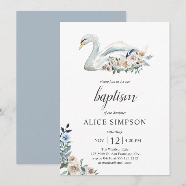 Boho Cute Swan Dusty Blue Beige Flowers Baptism Invitation (Front/Back)