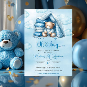 Boho cute watercolor brown teddy bear in a tent  invitation