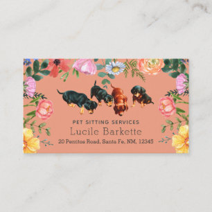Boho Dachshund Pet Sitting Wildflowers Coral Peach Business Card
