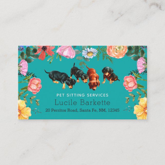 Boho Dachshund Pet Sitting Wildflowers Teal Blue Business Card (Front)