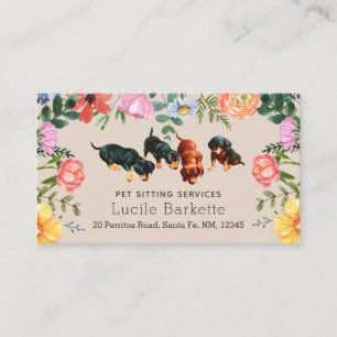 Boho Dachshunds Pet Sitting Wildflowers Beige Business Card