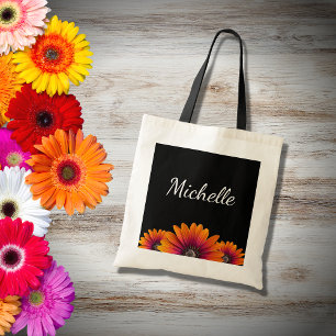 Boho Daisies Colourful Botanical Black Tote Bag
