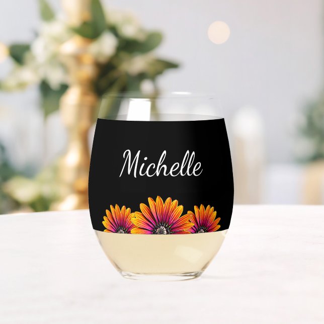Boho Daisies Rustic Floral Botanical Black Stemless Wine Glass (Insitu (Wedding))