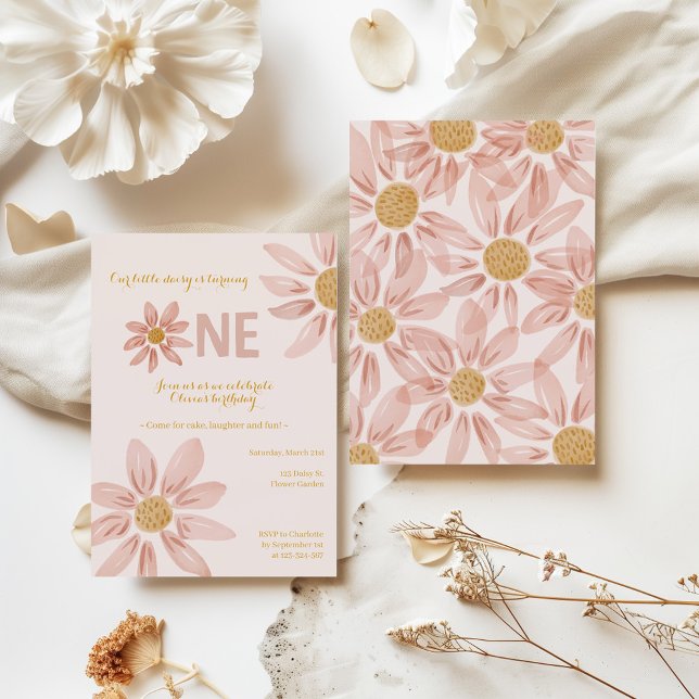 Boho Daisy 1st Birthday Invitation for Baby Girls (Creator Uploaded)