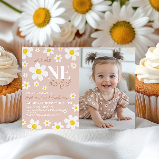 Boho Daisy Bloom First Birthday Photo Invitation (Creator Uploaded)