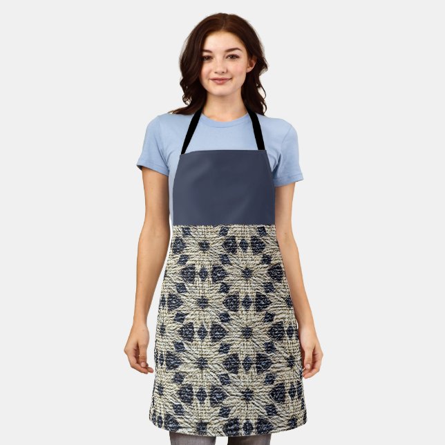 Boho Daisy blue pattern burlap Apron (Worn)