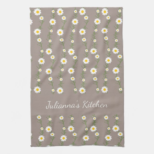 Boho Daisy Chain Floral Pattern Personalised Name Tea Towel (Vertical)