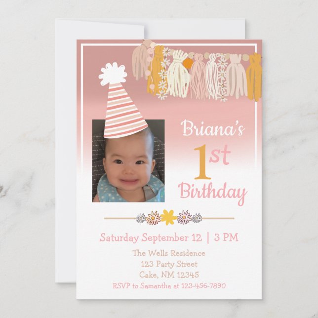 Boho Daisy Custom Photo Girls First Birthday Invitation (Front)