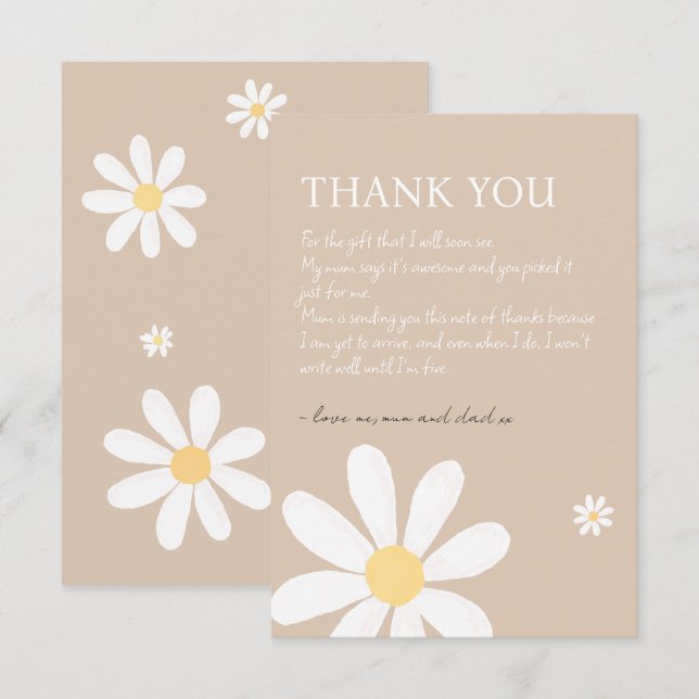 Boho Daisy Floral Baby Shower Thank You Card (Front/Back)