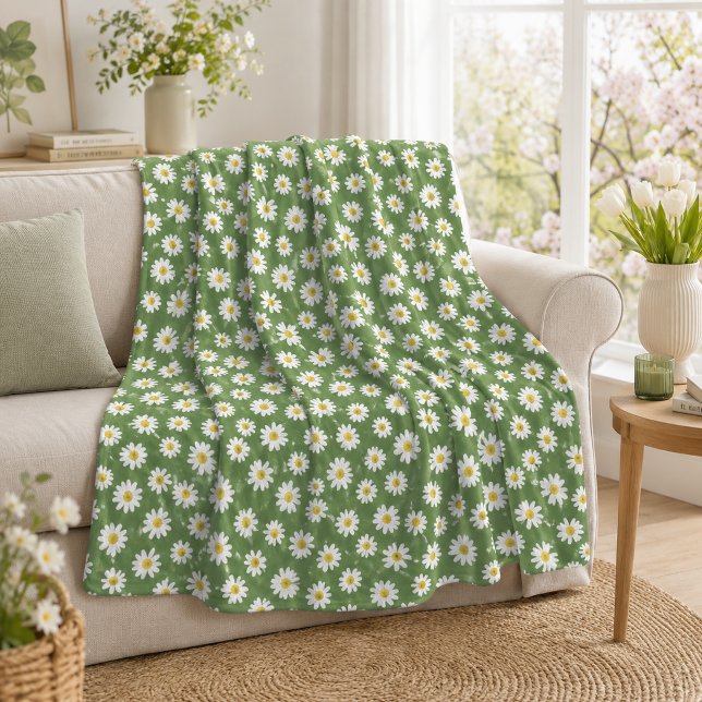 Boho Daisy Floral Pattern Green Fleece Blanket (Creator Uploaded)