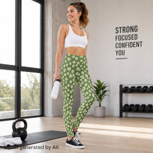 Boho Daisy Floral Pattern Green Leggings