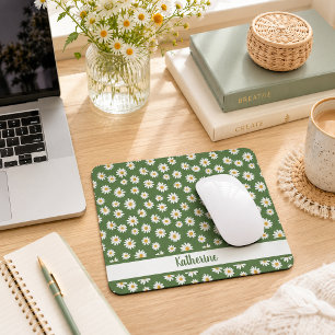 Boho Daisy Floral Pattern Green Name Mouse Mat