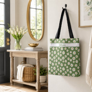 Boho Daisy Floral Pattern Green Name  Tote Bag