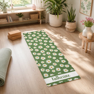 Boho Daisy Floral Pattern Green Name Yoga Mat