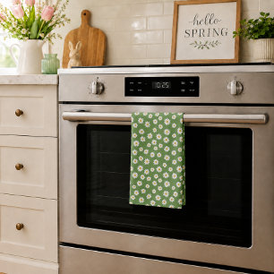 Boho Daisy Floral Pattern Green Tea Towel