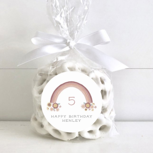 Boho Daisy Floral Rainbow Girls Birthday Classic Round Sticker (Creator Uploaded)