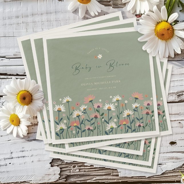 Boho Daisy Floral Sage Green Baby in Bloom Shower Napkin (Creator Uploaded)