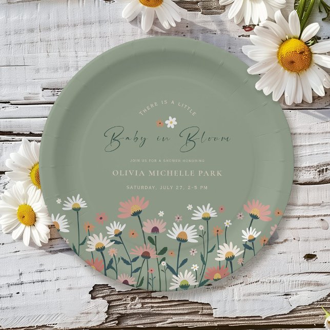 Boho Daisy Floral Sage Green Baby in Bloom Shower Paper Plate (Creator Uploaded)