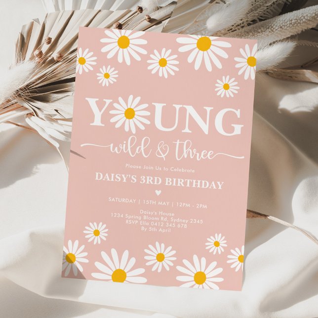 Boho Daisy Floral Young Wild & Three 3rd Birthday Invitation (Creator Uploaded)