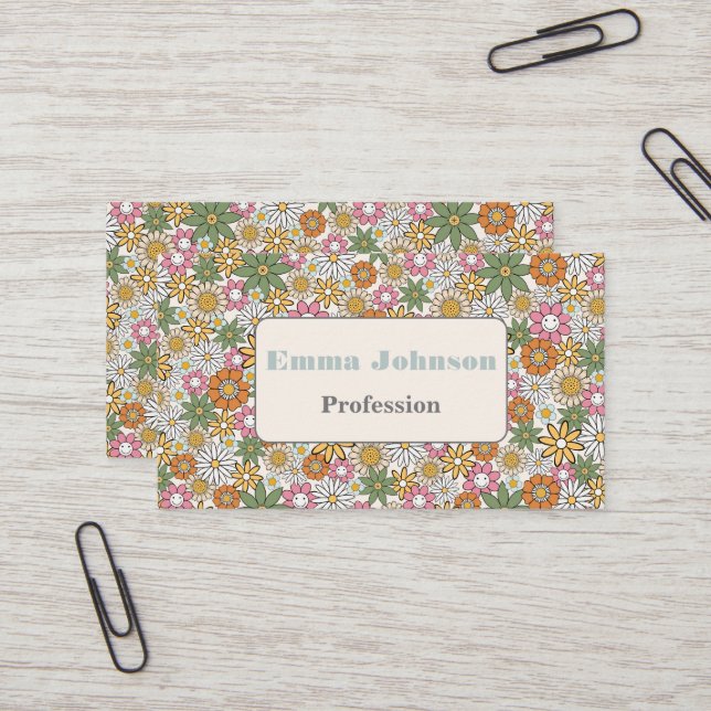 Boho Daisy Flowers 70s Groovy Floral Business Card (Front/Back In Situ)