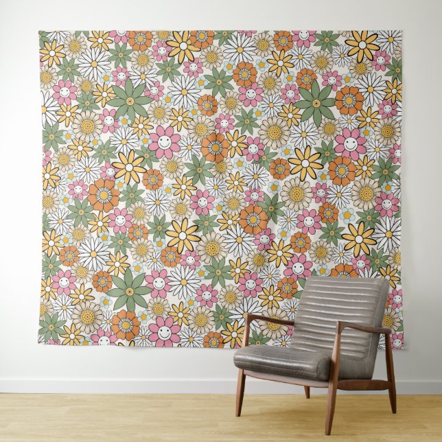 Boho Daisy Flowers 70s Groovy Floral Tapestry (In Situ (Horizontal))