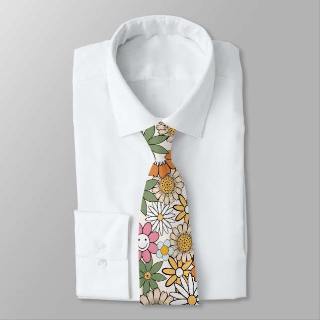 Boho Daisy Flowers 70s Groovy Floral Tie (Tied)