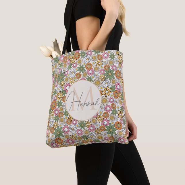 Boho Daisy Flowers 70s Groovy Floral Tote Bag (Close Up)