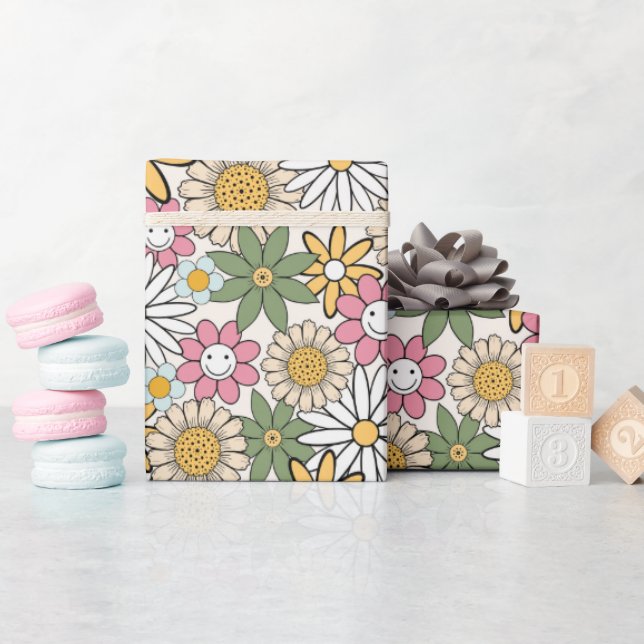 Boho Daisy Flowers 70s Groovy Floral Wrapping Paper (Baby Shower)