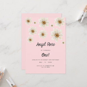 Boho Daisy Flowers Girl 1st Birthday Pink Cute Invitation