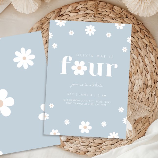 Boho Daisy Fourth Birthday Invitation (Creator Uploaded)