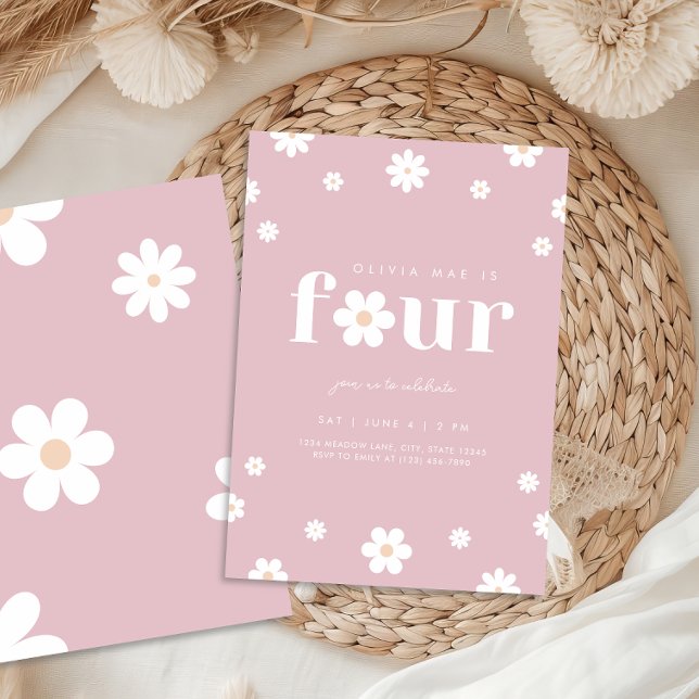 Boho Daisy Fourth Birthday Invitation (Creator Uploaded)