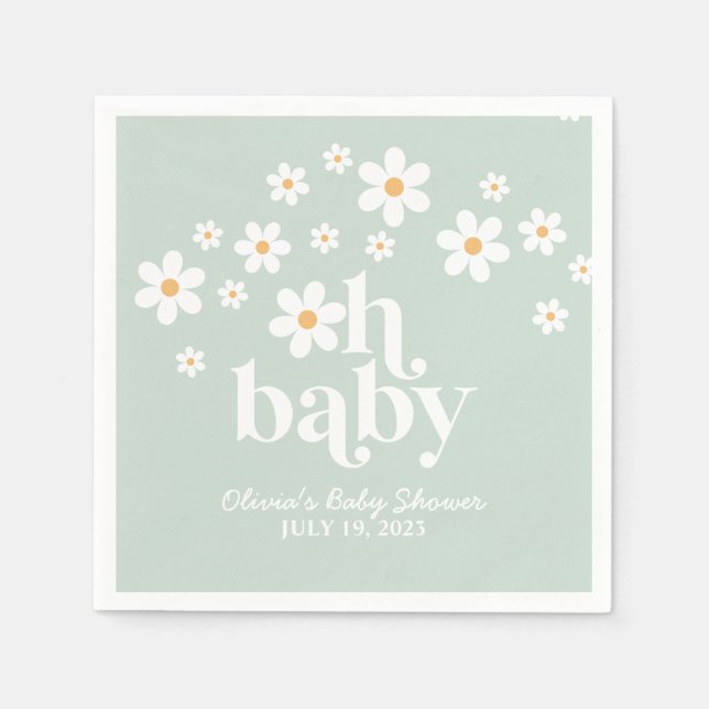 boho Daisy green Baby Shower Napkins (Front)
