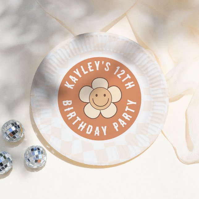 Boho Daisy Groovy Retro Girl Birthday Party Paper Plate (Creator Uploaded)