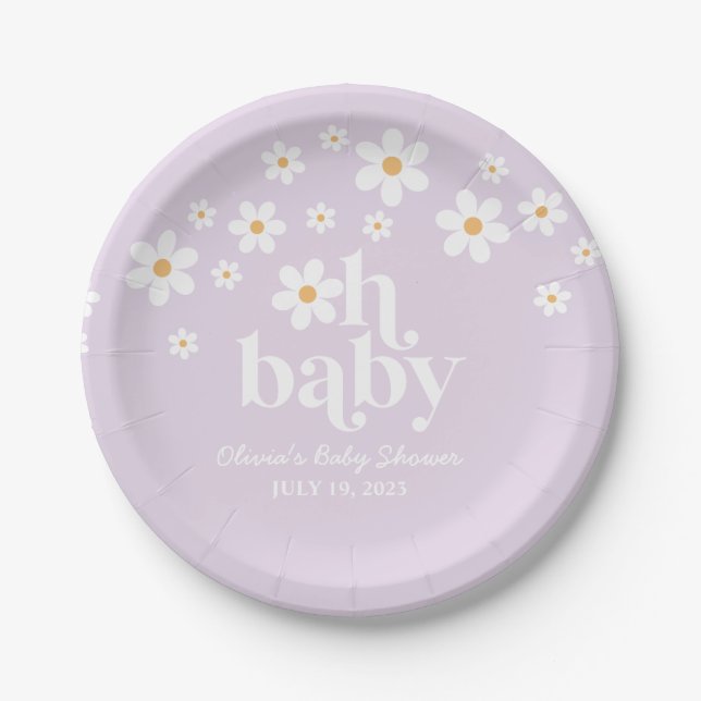 boho Daisy lilac Baby Shower Paper Plates (Front)