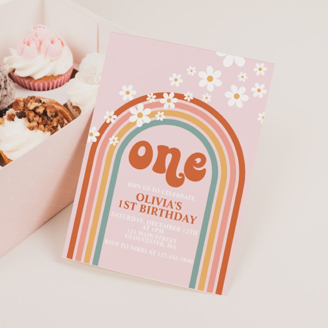 Boho Daisy rainbow first birthday Invitation (Creator Uploaded)
