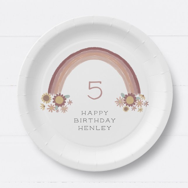 Boho Daisy Rainbow Girls Birthday Party Paper Plate (Creator Uploaded)