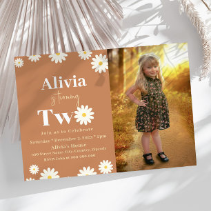 Boho Daisy Two Floral Brown Bohemian 2nd Birthday Invitation