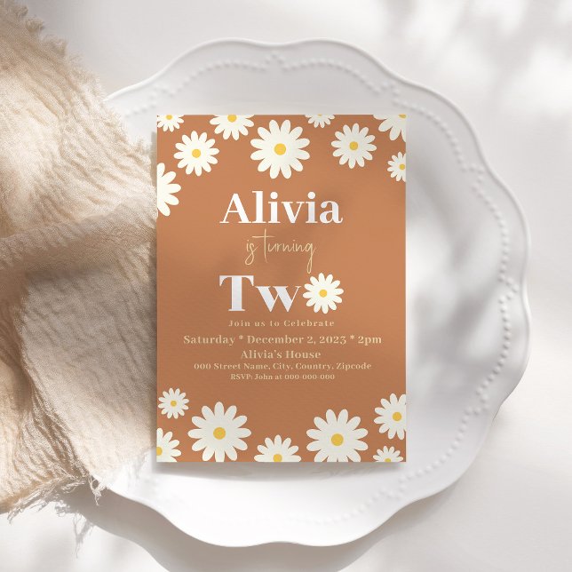 Boho Daisy Two Floral Brown Bohemian 2nd Birthday Invitation (Creator Uploaded)