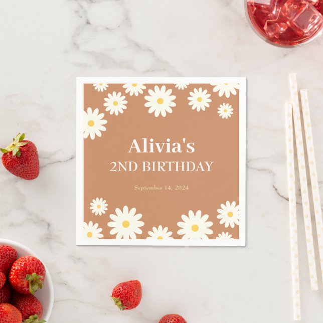 Boho Daisy Two Floral Brown Bohemian 2nd Birthday Napkin (Insitu)