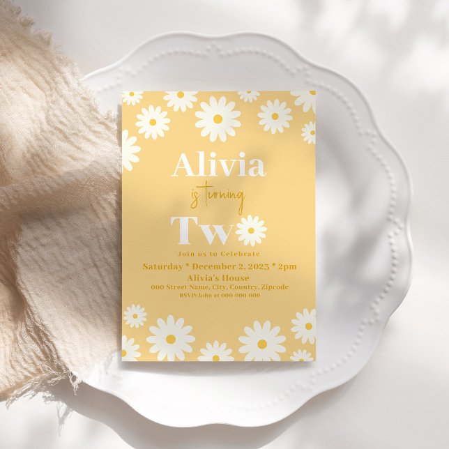 Boho Daisy Two Floral Golden Bohemian 2nd Birthday Invitation (Creator Uploaded)