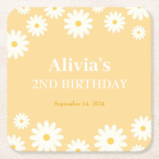 Boho Daisy Two Floral Golden Bohemian 2nd Birthday Square Paper Coaster