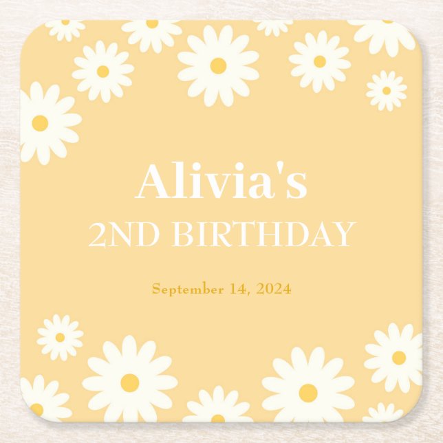 Boho Daisy Two Floral Golden Bohemian 2nd Birthday Square Paper Coaster (Front)