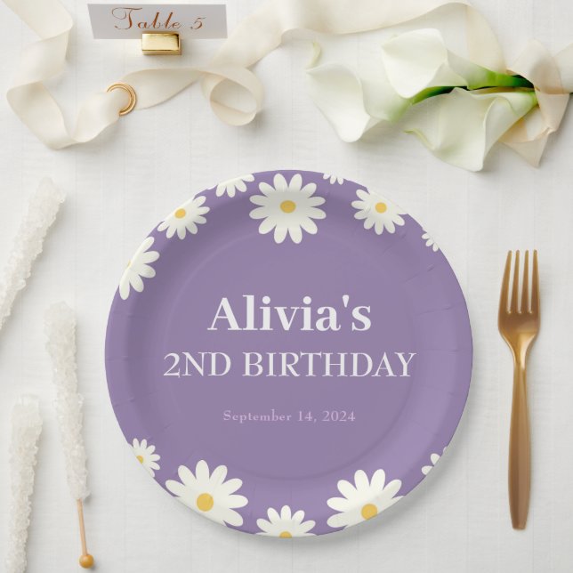 Boho Daisy Two Floral Purple Bohemian 2nd Birthday Paper Plate (Wedding)