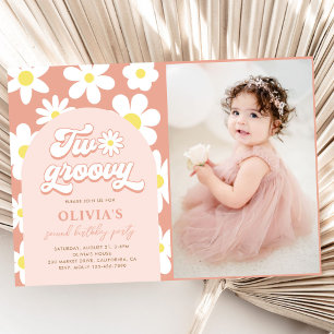 Boho Daisy Two Groovy 2nd Birthday Party Photo Invitation