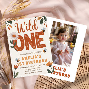 Boho Daisy Wild One First Birthday Photo  Invitation