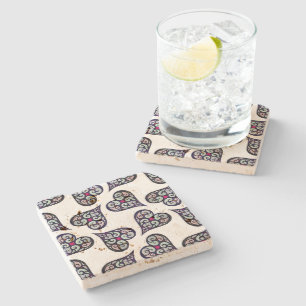 Boho Damask Heart Pattern Elegant Feminine Chic Stone Coaster